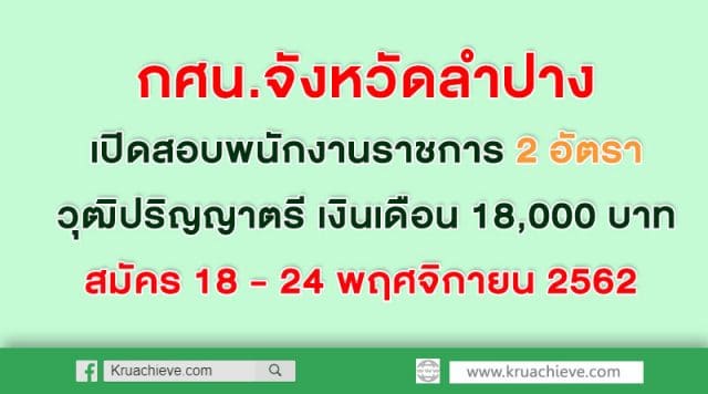 กศน.จังหวัดลำปาง เปิดสอบพนักงานราชการ 2 อัตราวุฒิปริญญาตรี เงินเดือน 18,000 บาท สมัคร 18 - 24 พฤศจิกายน 2562