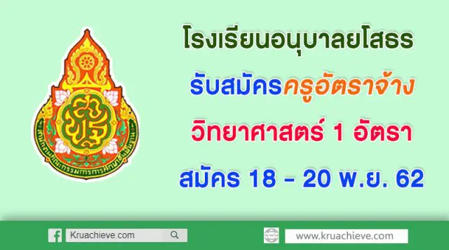 โรงเรียนอนุบาลยโสธร รับสมัครครูอัตราจ้างวิทยาศาสตร์ 1 อัตรา วันที่ 18 - 20 พ.ย. 62