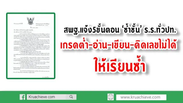 สพฐ.แจ้ง5ขั้นตอน ‘ซ้ำชั้น’ ร.ร.ทั่วปท. เกรดต่ำ-อ่าน-เขียน-คิดเลขไม่ได้ ให้เรียนซ้ำ