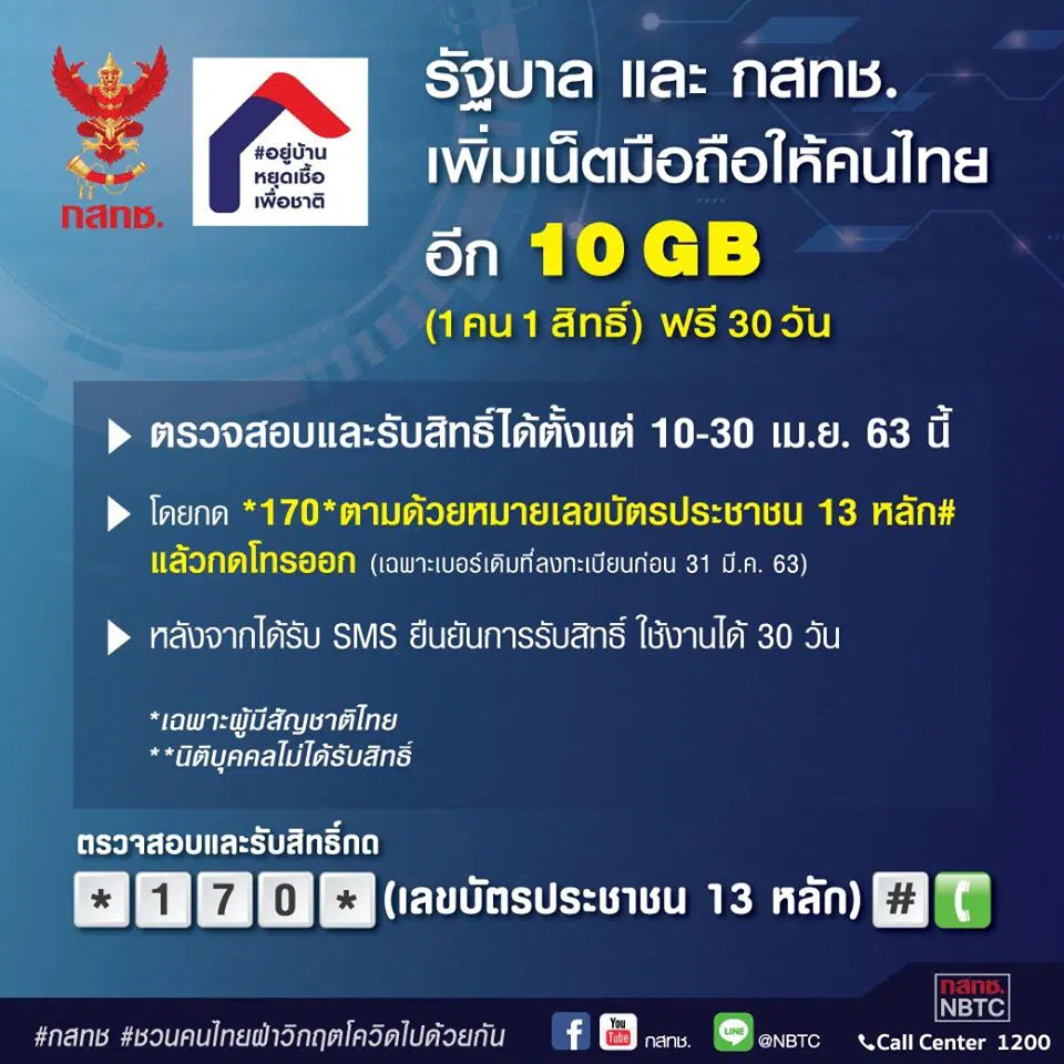 กสทช. แจกเน็ตมือถือฟรี 10 GB อัพสปีดเน็ตบ้าน 100 Mbps 30 วัน เริ่ม 10 เม.ย. นี้