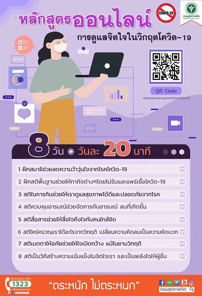 กรมสุขภาพจิต จัดทำหลักสูตรออนไลน์ การดูแลจิตใจในวิกฤตโควิด-19 "ตระหนัก ไม่ตระหนก" ทั้งหมด 8 วัน