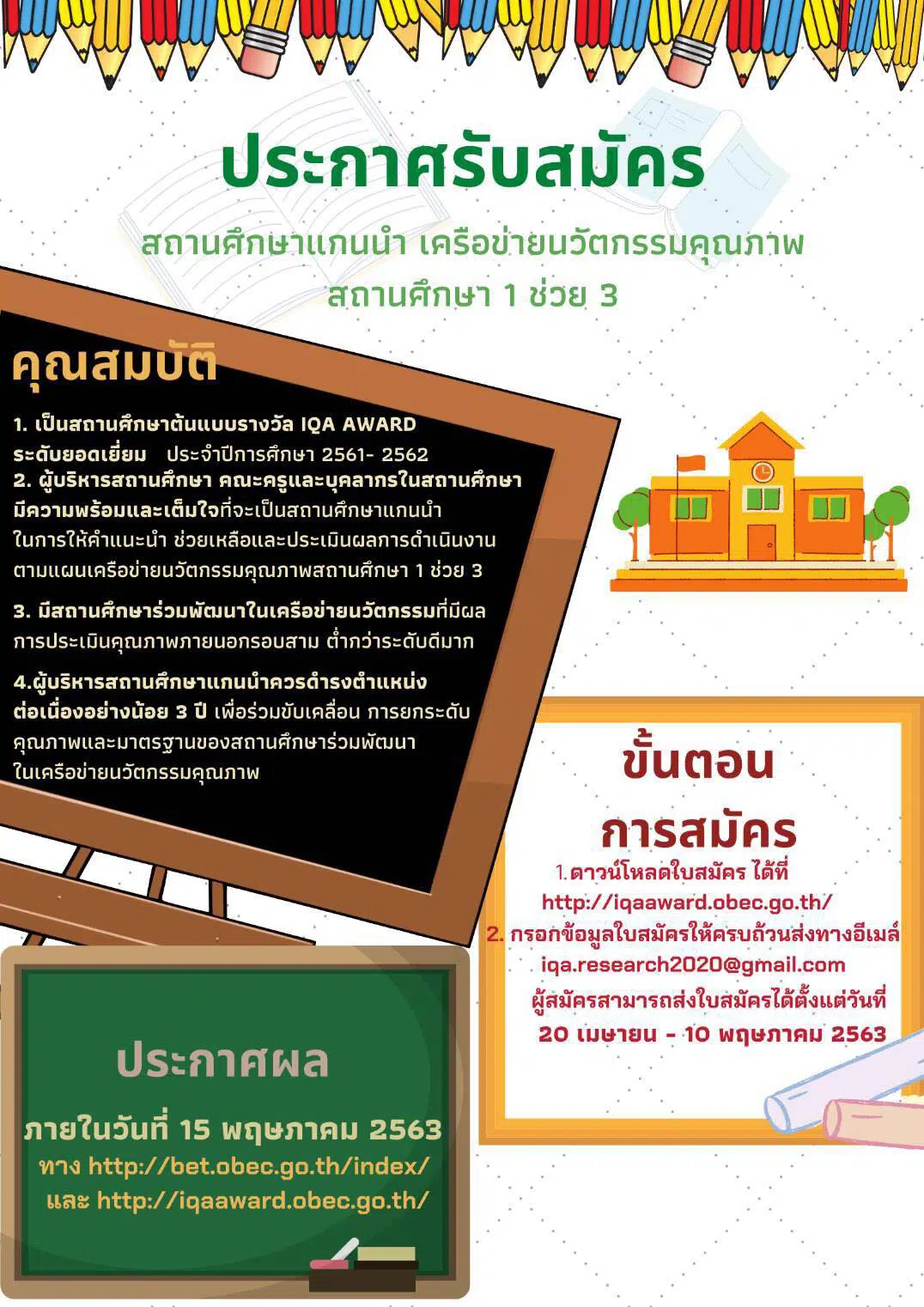 สพฐ.ประกาศรับสมัครสถานศึกษาแกนนำ เครือข่ายนวัตกรรมคุณภาพสถานศึกษา 1 ช่วย 3 ส่งใบสมัคร 20 เม.ย. – 10 พ.ค. 63 