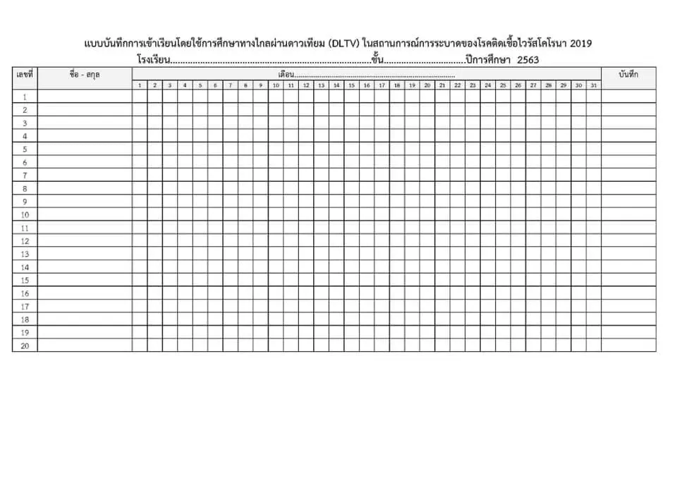 ดาวน์โหลดฟรี แบบบันทึกการเข้าเรียน โดยใช้การศึกษาทางไกลผ่านดาวเทียม DLTV สำหรับครู ไฟล์word จากการอบรมวันที่ 7 พ.ค. 63