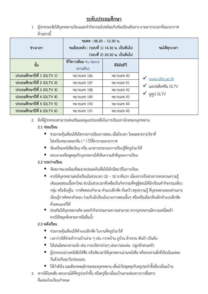 ส่งต่อถึงผู้ปกครอง คำแนะนำในการจัดการเรียนการสอนด้วยการศึกษาทางไกลผ่านดาวเทียม DLTV