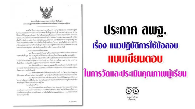 ประกาศ สพฐ. เรื่อง แนวปฏิบัติการใช้ข้อสอบแบบเขียนตอบใน การวัดและประเมินคุณภาพผู้เรียน เผยแพร่โดย กลุ่มประเมินคุณภาพการศึกษา สทศ.สพฐ.