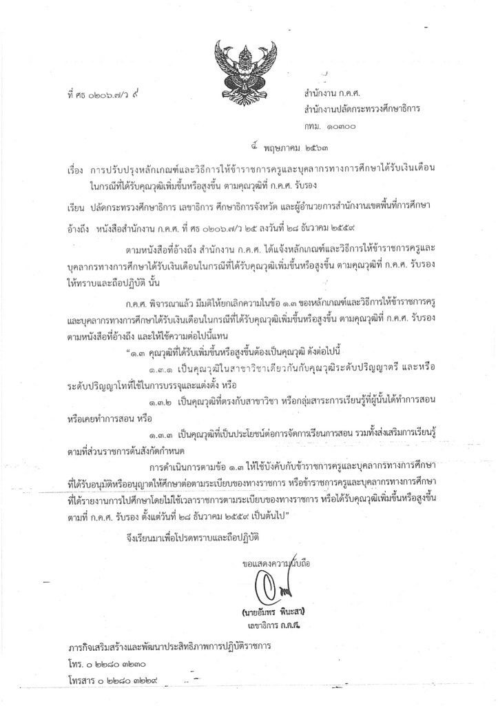 ว9/2563 การปรับปรุงหลักเกณฑ์และวิธีการให้ข้าราชการครูฯ ได้รับเงินเดือนในกรณีที่ได้รับคุณวุฒิเพิ่มขึ้นหรือสูงขึ้น ตามคุณวุฒิที่ ก.ค.ศ. รับรอง