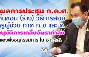 ผลการประชุม ก.ค.ศ. เห็นชอบ (ร่าง) วิธีการสอบครูผู้ช่วย ภาค ก. ,ข และ ค. – อนุมัติการเกลี่ยอัตรากำลัง -แต่งตั้งอนุกรรมการ ใน อ.ก.ค.ศ.