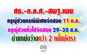 ศธ.-ก.ค.ศ.-สพฐ.เผย สอบบรรจุครูผู้ช่วยกรณีพิเศษ วันที่ 11 ก.ค.-ครูผู้ช่วยกรณีทั่วไป ระหว่างวันที่ 29-30 ส.ค. และมีตำแหน่งว่างกว่า 2 หมื่นอัตรา