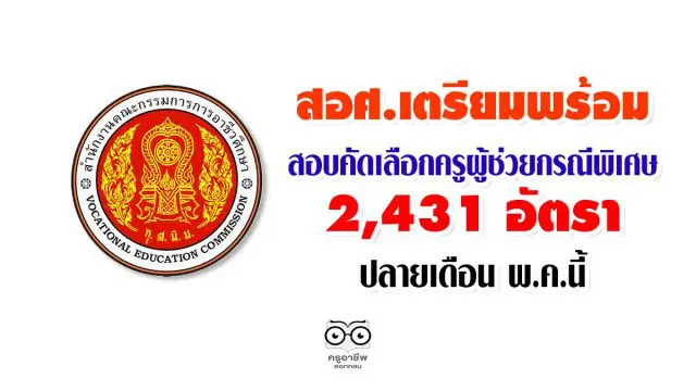 สอศ.เตรียมพร้อมสอบคัดเลือกครูผู้ช่วยกรณีพิเศษ 2,431 อัตรา ปลายเดือน พ.ค.นี้