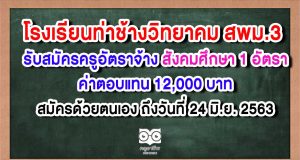 โรงเรียนท่าช้างวิทยาคม รับสมัครครูอัตราจ้าง สังคมศึกษา 1 อัตรา ค่าตอบแทน 12,000 บาท สมัครด้วยตนเอง ถึงวันที่ 24 มิถุนายน 2563