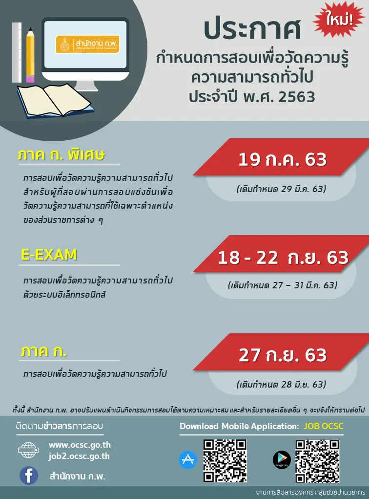 สำนักงาน ก.พ. ประกาศกำหนดการสอบเพื่อวัดความรู้ความสามารถทั่วไป ประจำปี พ.ศ. 2563 (ใหม่!) ผ่านเฟชบุ้ค สำนักงาน ก.พ. มีรายละเอียดดังนี้