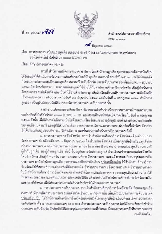 การประกวดระเบียบแถวลูกเสือ เนตรนารี ประจำปี 2563 ในสถานการณ์การแพร่ระบาด COVID-19