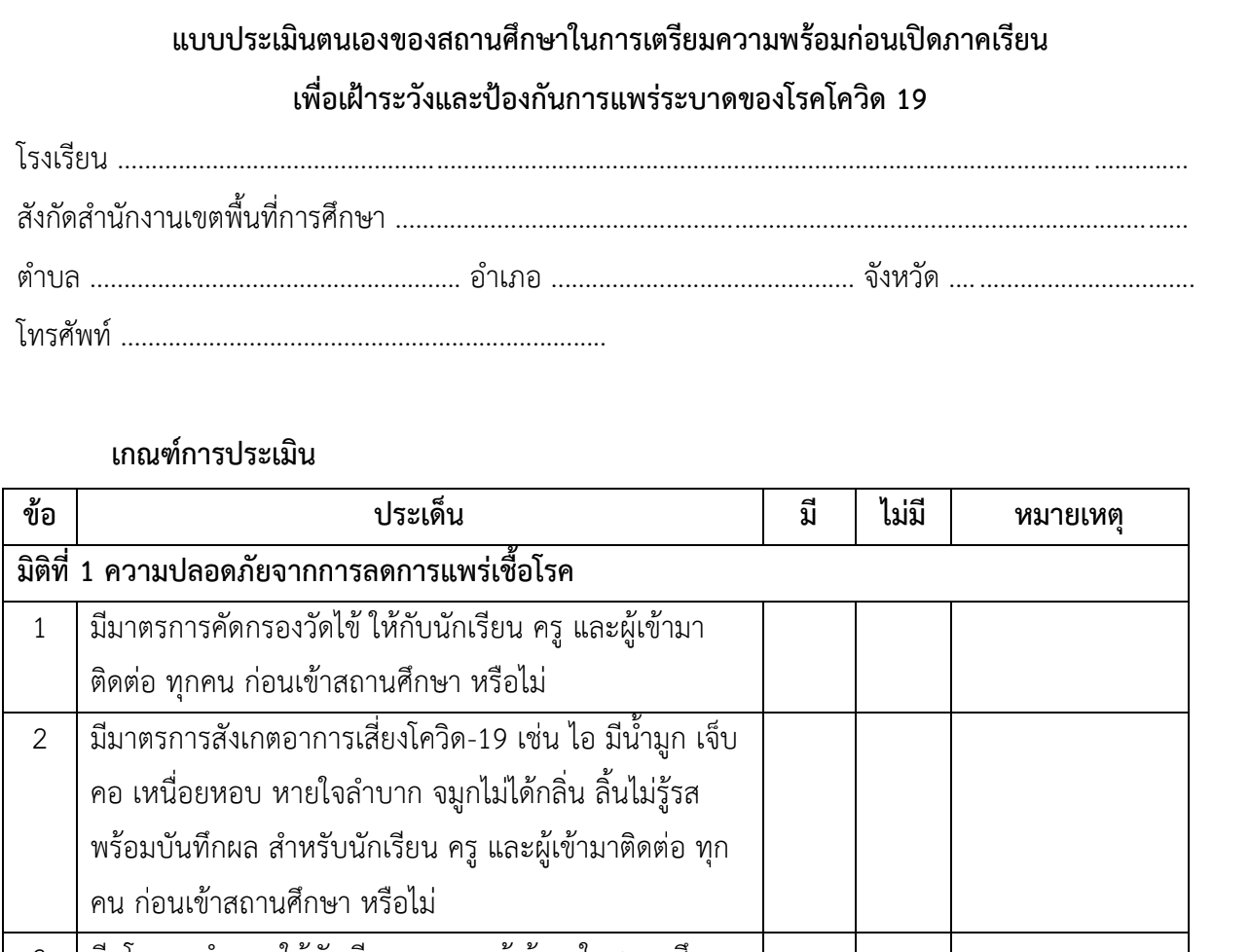 แบบประเมินตนเองของสถานศึกษาในการเตรียมความพร้อมก่อนเปิดภาคเรียน เพื่อเฝ้าระวังและป้องกันการแพร่ระบาดของโรคโควิด 19