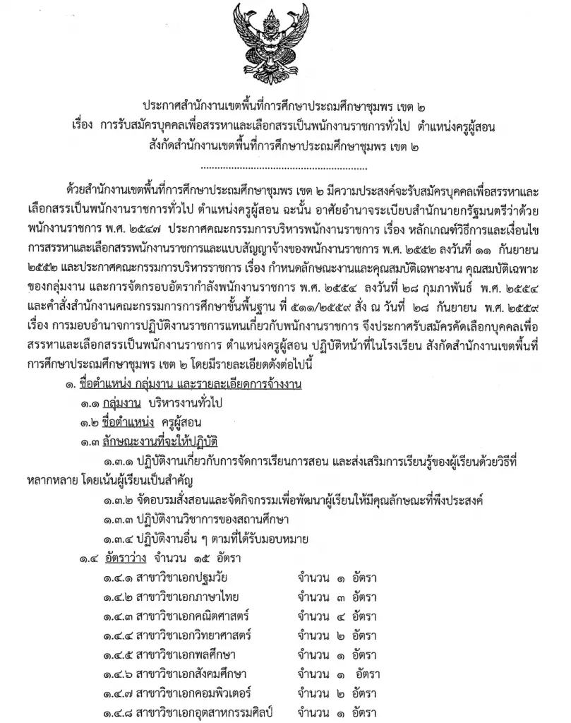 สพป.ชุมพร เขต 2 รับสมัครพนักงานราชการ 15 อัตรา สมัคร 17-23 มิ.ย. 63