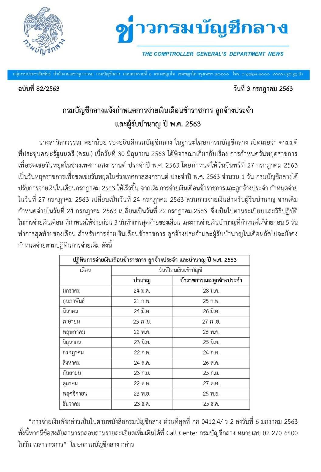 กรมบัญชีกลางแจ้งกำหนดการจ่ายเงินเดือนข้าราชการ ลูกจ้างประจำ และผู้รับบำนาญ ปี พ.ศ.2563