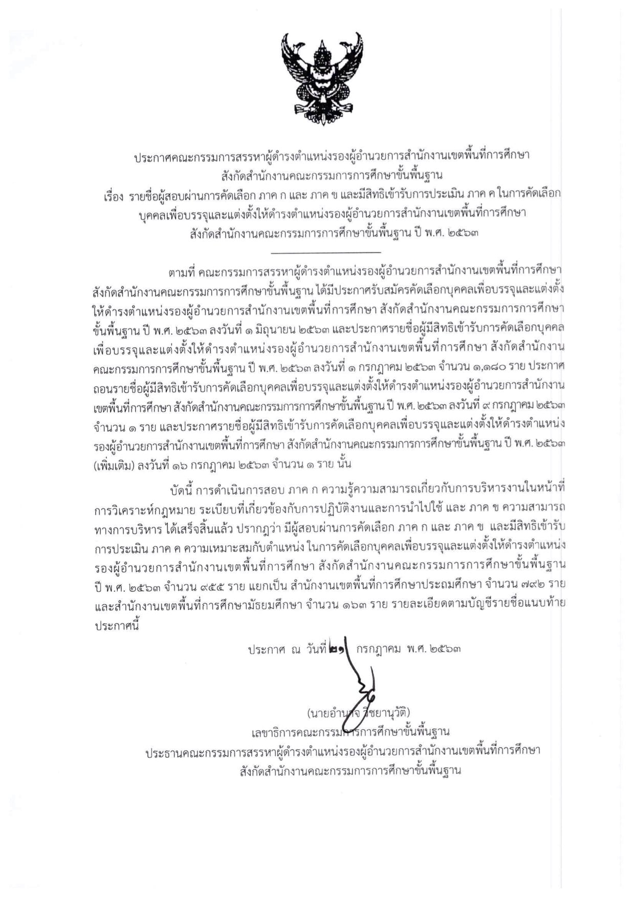 สพฐ. ประกาศผลสอบ ภาค ก และ ภาค ข ตำแหน่ง รอง ผอ.เขตพื้นที่การศึกษา ปี พ.ศ.2563 จำนวน 955 ราย