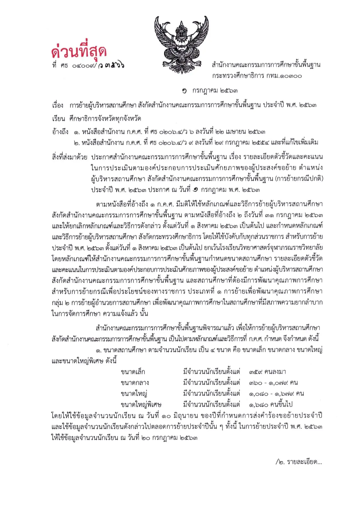 ด่วนที่สุด!! การย้ายผู้บริหารสถานศึกษา สังกัด สพฐ. ประจำปี พ.ศ. 2563