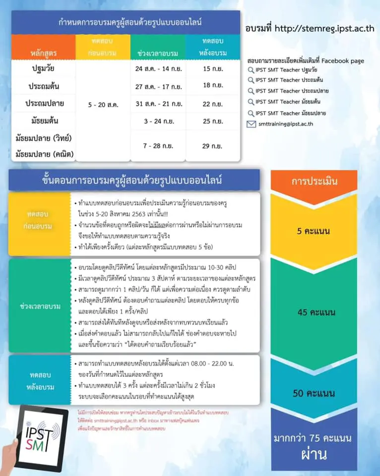 สสวท.เตือนคุณครูที่ลงทะเบียนอบรมสะเต็มศึกษาออนไลน์ ทำแบบทดสอบก่อนอบรม ภายใน 20 สิงหาคม 2563