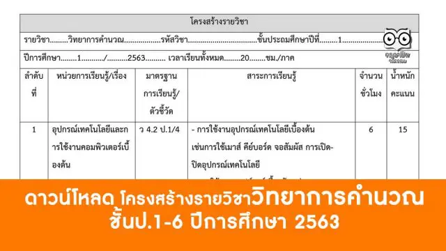 โครงสร้างรายวิชาวิทยาการคำนวณ ชั้นประถมศึกษาปีที่ 1 ถึง ประถมศึกษาปีที่ 6 ประจำปีการศึกษา 2563