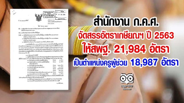 ก.ค.ศ.จัดสรรอัตราเกษียณฯ ปี 2563 ให้สพฐ. 21,984 อัตรา เป็นตำแหน่งครูผู้ช่วย 18,987 อัตรา