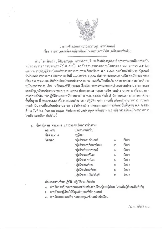 โรงเรียนลพบุรีปัญญานุกูล เปิดสอบพนักงานราชการทั่วไป ตำแหน่ง ครูผู้สอน จำนวน 14 อัตรา รับสมัครวันที่ 1 - 7 ตุลาคม 2563