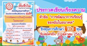 ประกวดเขียนเรียงความ หัวข้อ "การพัฒนาการเรียนรู้ของฉันในอนาคต" ชิงทุนการศึกษา 100 ทุน รับสมัครถึง 31 ตุลาคม 2563