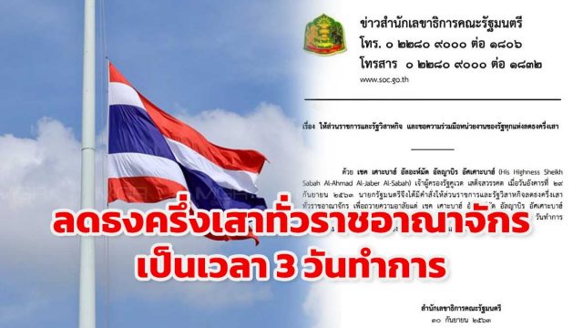 เจ้าผู้ครองรัฐคูเวต เสด็จสวรรคต นายกรัฐมนตรี มีคำสั่งให้ส่วนราชการและรัฐวิสาหกิจ ลดธงครึ่งเสาทั่วราชอาณาจักร เป็นเวลา 3 วันทำการ