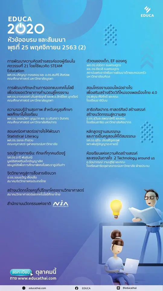 EDUCA 2020 รายชื่อหัวข้ออบรม และสัมมนาประจำวันที่ 25 และ 26 พฤศจิกายน 2563 ลงทะเบียนร่วมงานเพียงคนละ 100 บาท