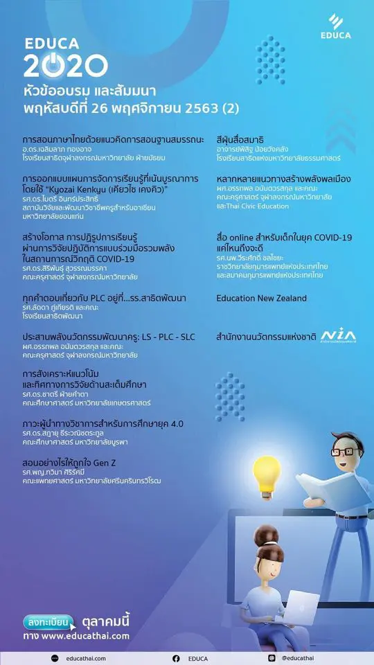 EDUCA 2020 รายชื่อหัวข้ออบรม และสัมมนาประจำวันที่ 25 และ 26 พฤศจิกายน 2563 ลงทะเบียนร่วมงานเพียงคนละ 100 บาท