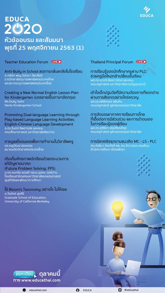 EDUCA 2020 รายชื่อหัวข้ออบรม และสัมมนาประจำวันที่ 25 และ 26 พฤศจิกายน 2563 ลงทะเบียนร่วมงานเพียงคนละ 100 บาท