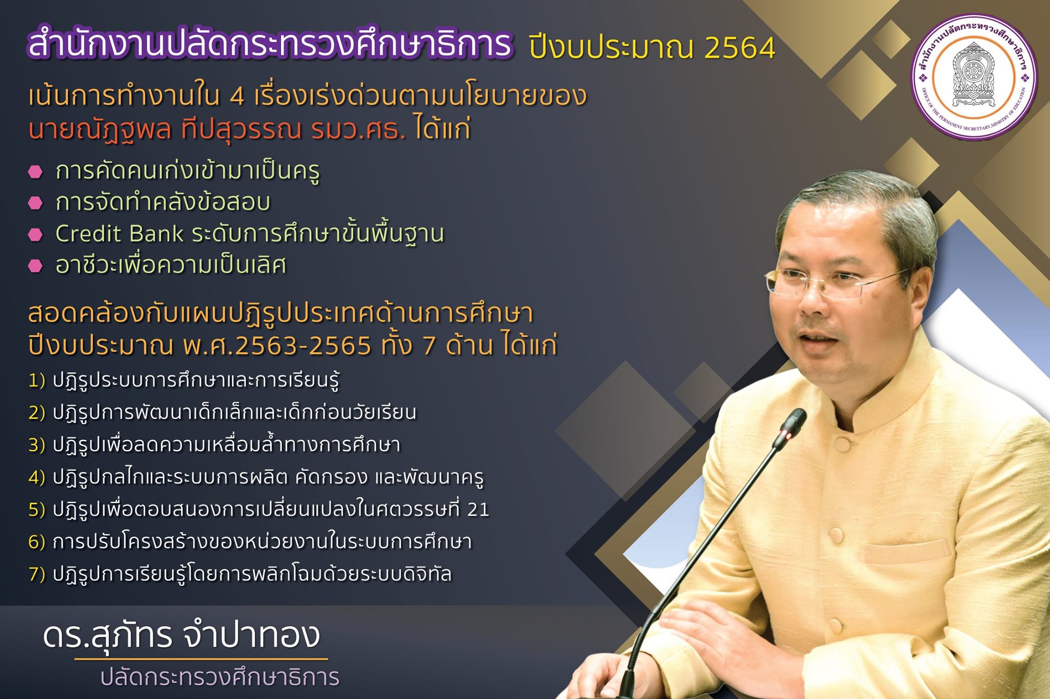 นโยบายปลัดกระทรวงศึกษาธิการ ปีงบประมาณ 2564 เน้น 4 นโยบายเร่งด่วนของ รมว.ศธ.