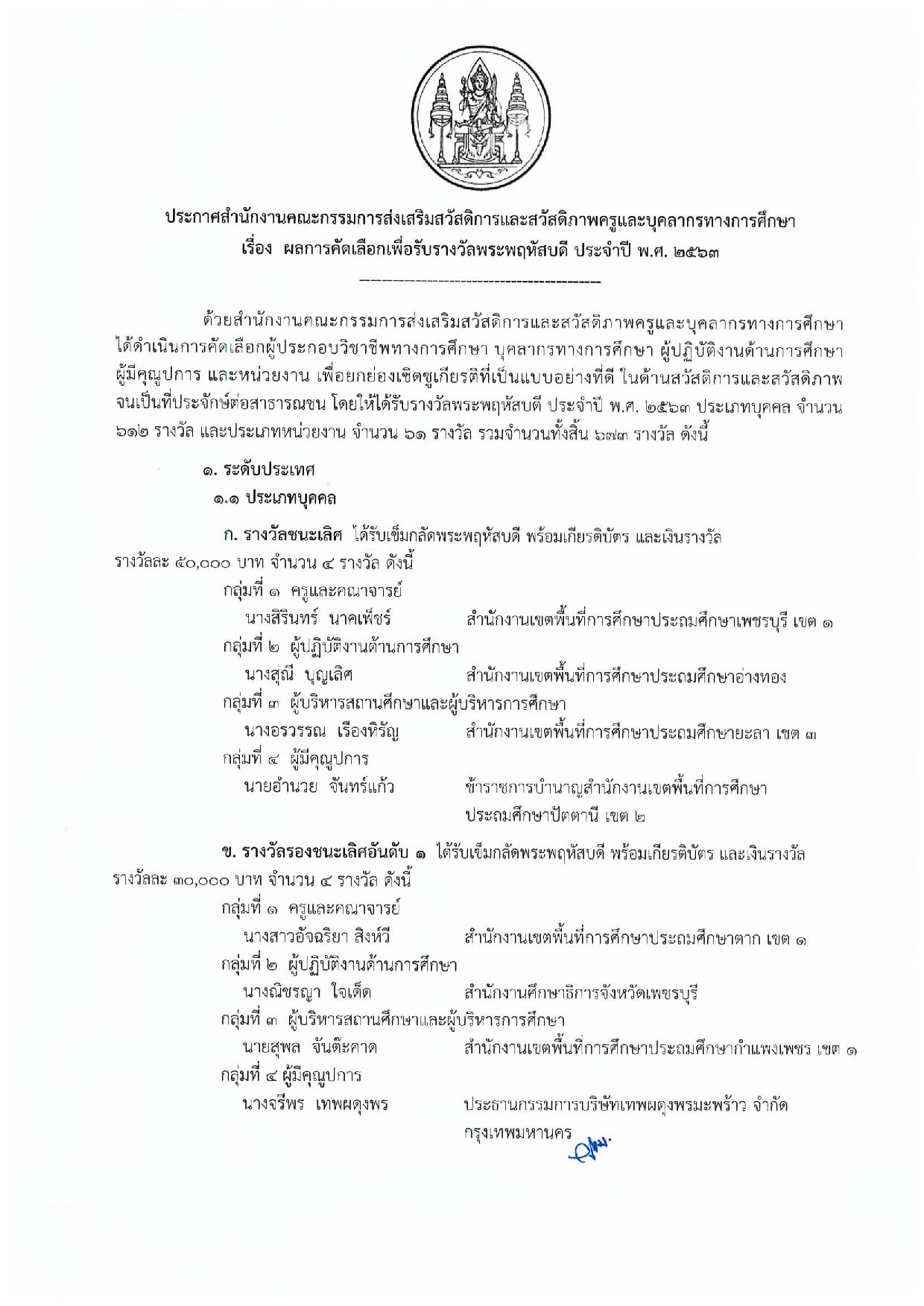 ประกาศสำนักงานคณะกรรมการ สกสค. เรื่อง ผลการคัดเลือกเพื่อรับรางวัลพระพฤหัสบดี ประจำปี พ.ศ. 2563