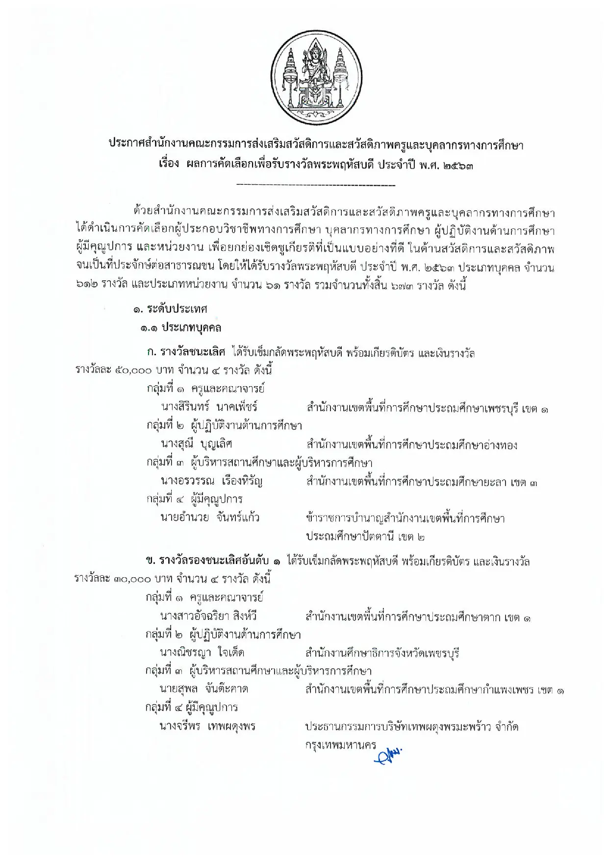 ประกาศสำนักงานคณะกรรมการ สกสค. เรื่อง ผลการคัดเลือกเพื่อรับรางวัลพระพฤหัสบดี ประจำปี พ.ศ. 2563