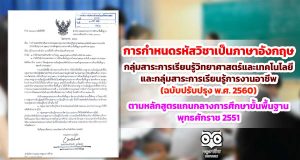 การกำหนดรหัสวิชาเป็นภาษาอังกฤษของกลุ่มสาระการเรียนรู้วิทยาศาสตร์และเทคโนโลยี และกลุ่มสาระการเรียนรู้การงานอาชีพ (ฉบับปรับปรุง พ.ศ. 2560) ตามหลักสูตรแกนกลางการศึกษาขั้นพื้นฐาน พุทธศักราช 2551