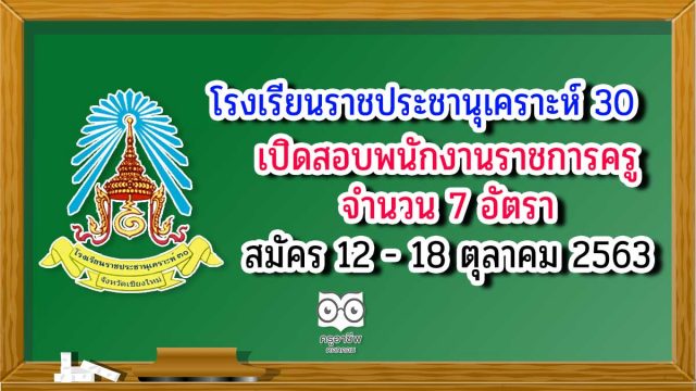 โรงเรียนราชประชานุเคราะห์ 30 อ.แม่อาย จ.เชียงใหม่ รับสมัครพนักงานราชการครู 7 อัตรา สมัคร 12 - 18 ตุลาคม 2563