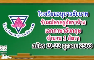 โรงเรียนอนุบาลชัยนาท ประกาศรับสมัคร ครูอัตราจ้าง วิชาเอกภาษาอังกฤษ จำนวน 1 ตำแหน่ง สมัคร 19-22 ตุลาคม 2563