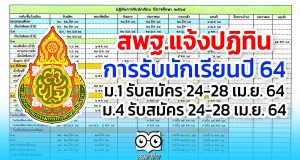 สพฐ.แจ้งปฏิทิน การรับนักเรียนปี 64 ม.1 รับสมัคร 24-28 เม.ย. 64 ม.4 รับสมัคร 24-28 เม.ย. 64