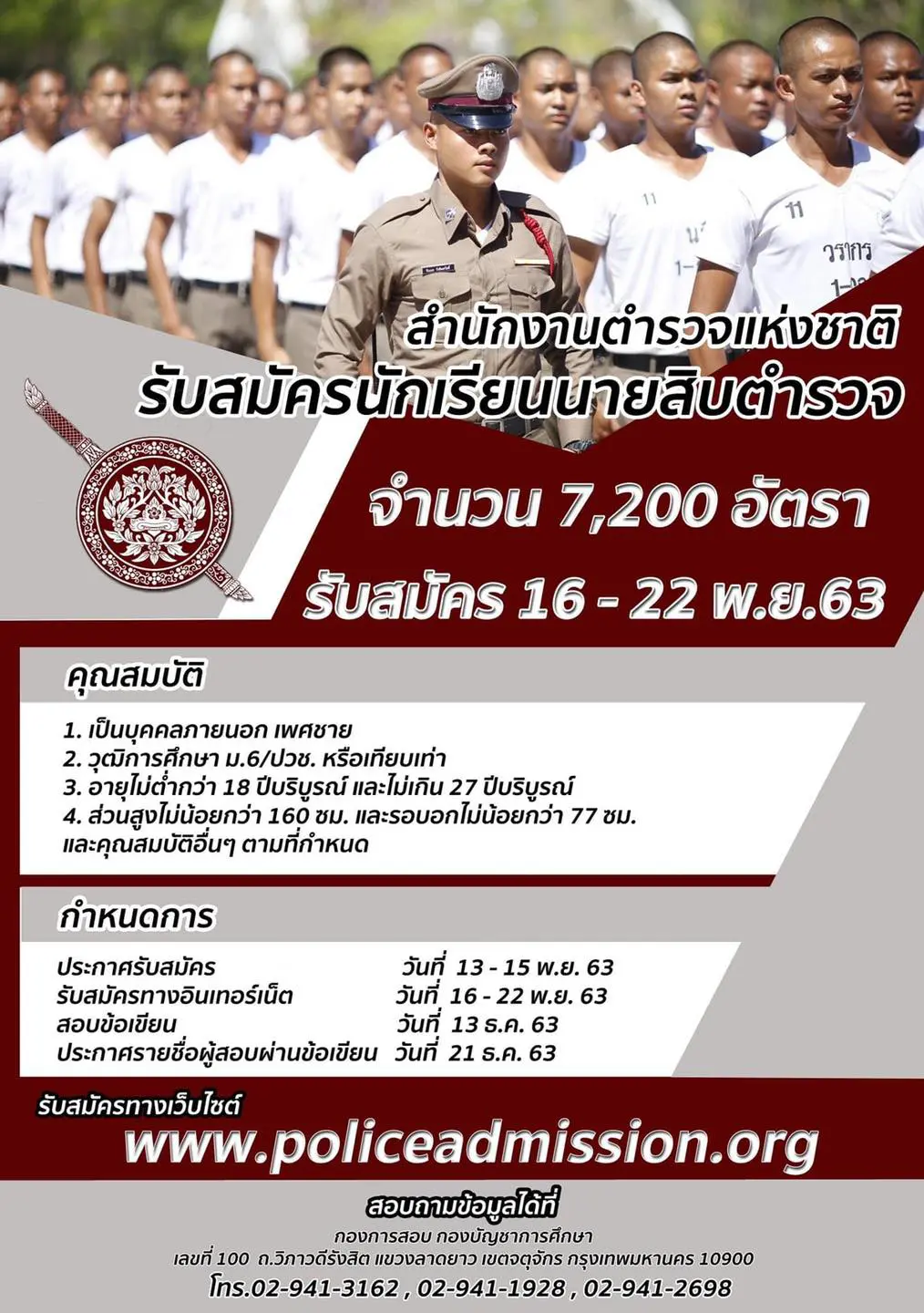 สำนักงานตำรวจแห่งชาติ เปิดสอบนายสิบตำรวจ (นสต.) ปี 2564 จำนวน 7,200 อัตรา รับสมัครทางเว็บไซต์ 16 – 22 พ.ย. 63