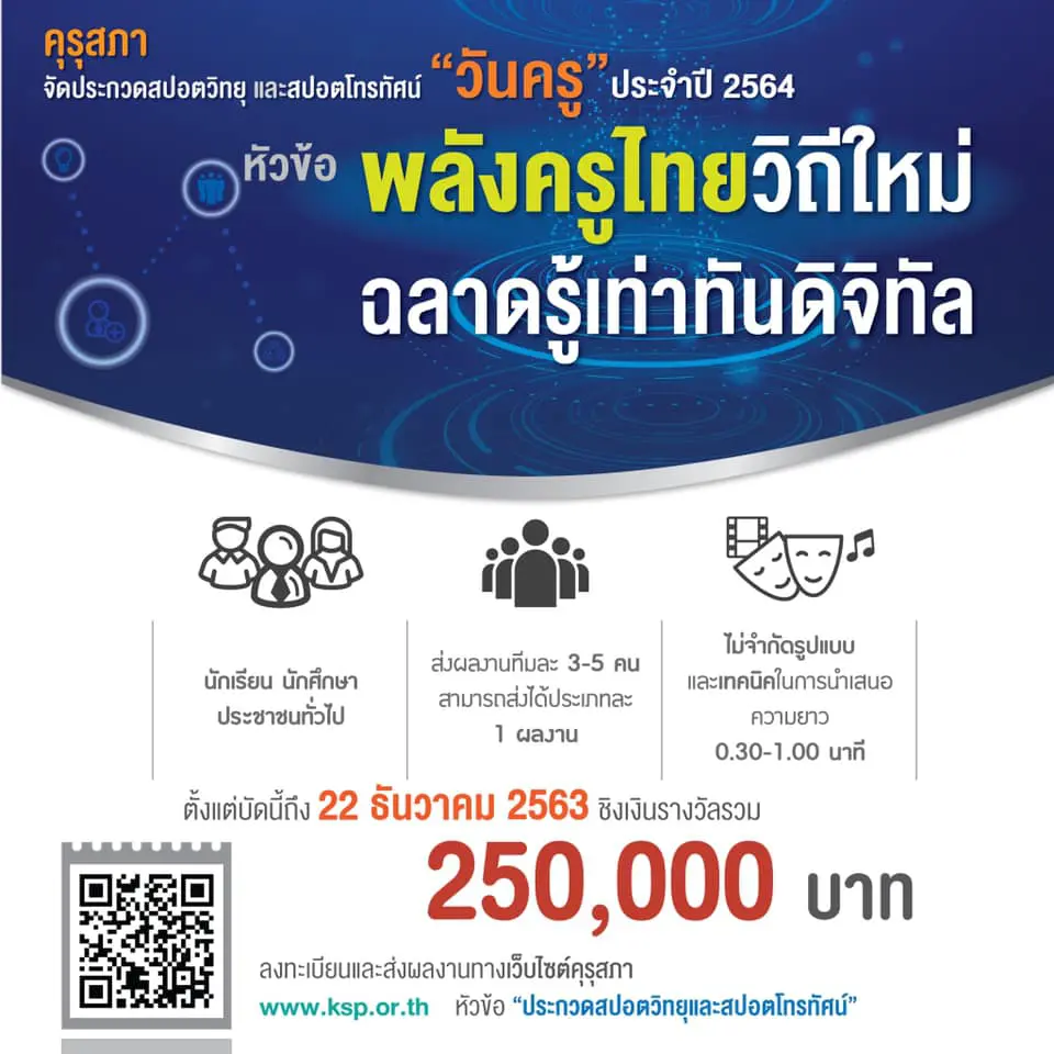 คุรุสภาจัดประกวดสปอตวิทยุ-โทรทัศน์ วันครู ปี 2564 หัวข้อ "พลังครูไทยวิถีใหม่ ฉลาดรู้เท่าทันดิจิทัล” ชิงเงินรางวัลรวม 250,000 บาท ส่งผลงานภายใน 22 ธันวาคม 2563