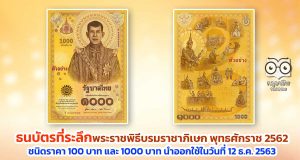 ธปท. ออกธนบัตรที่ระลึกเนื่องในพระราชพิธีบรมราชาภิเษก พุทธศักราช 2562 ชนิดราคา 100 บาท และ 1000 บาท โดยจะนำออกใช้ในวันที่ 12 ธ.ค. 2563
