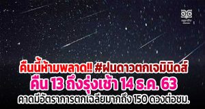 คืนนี้ห้ามพลาด!! #ฝนดาวตกเจมินิดส์ คืน 13 ถึงรุ่งเช้า 14 ธ.ค. 63 คาดมีอัตราการตกเฉลี่ยมากถึง 150 ดวงต่อชม.