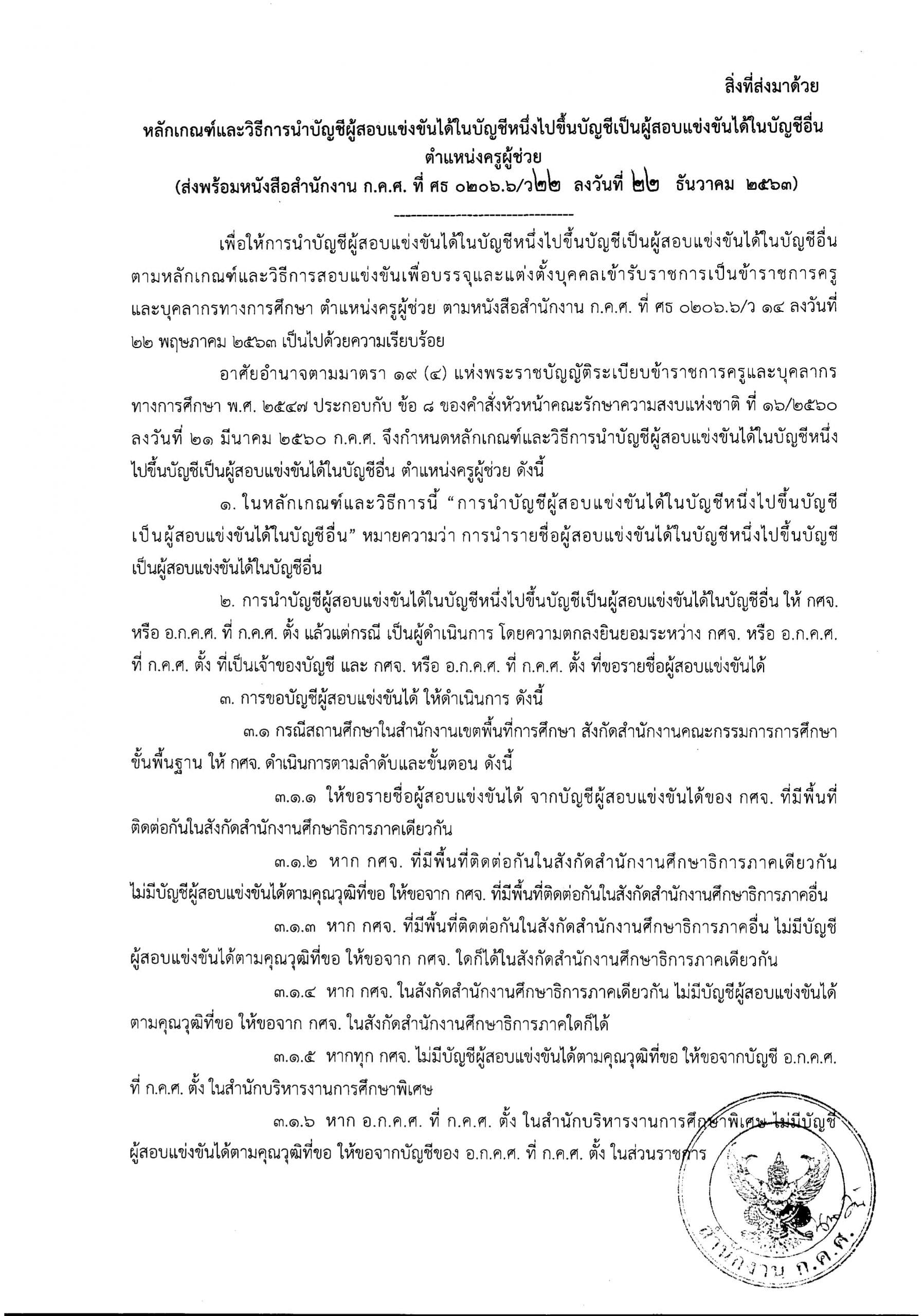 หลักเกณฑ์และวิธีการนำบัญชีผู้สอบแข่งขันได้ในบัญชีหนึ่งไปขึ้นบัญชีเป็นผู้สอบแข่งขันได้ในบัญชีอื่น ตำแหน่งครูผู้ช่วย