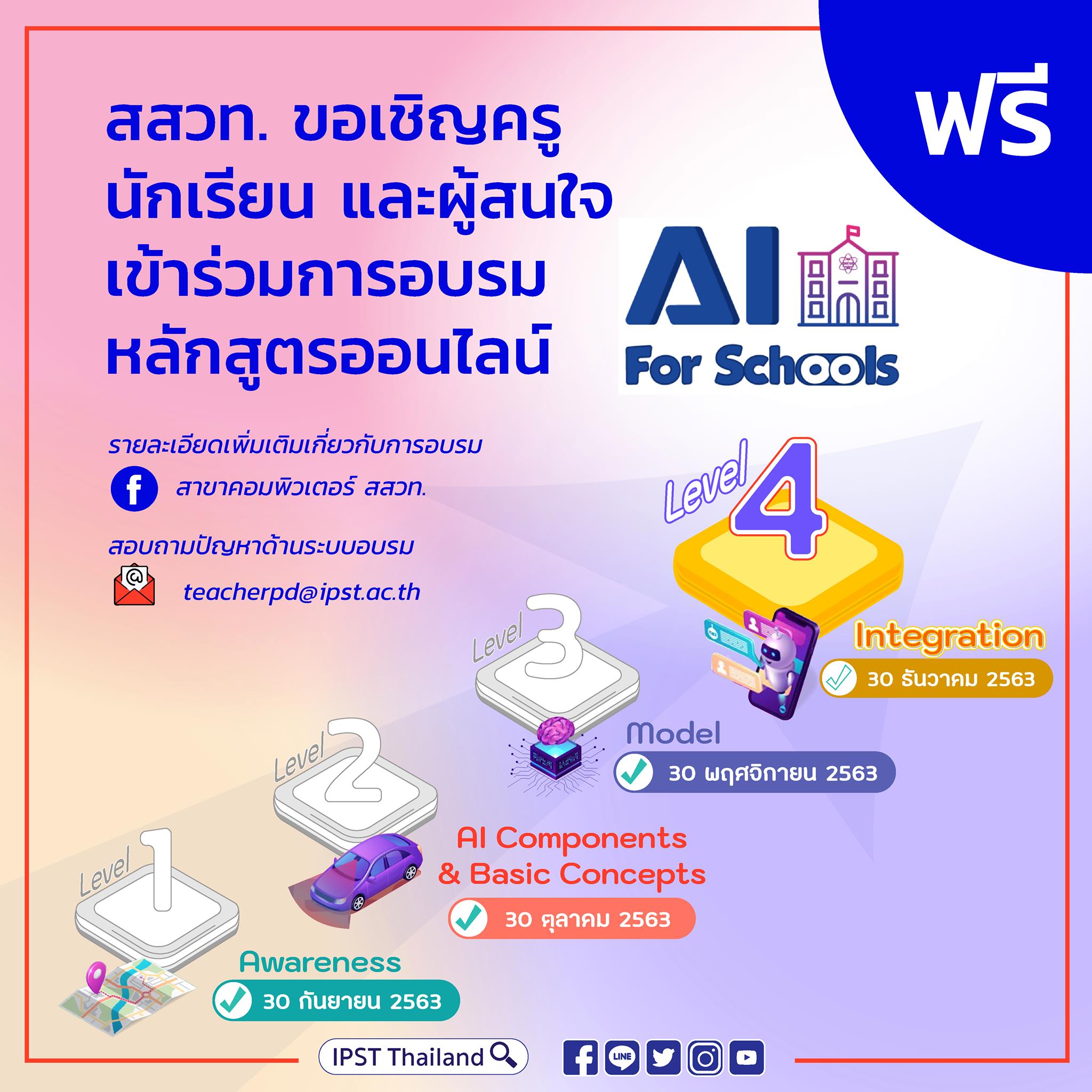 สสวท. อบรมหลักสูตรอบรมออนไลน์ปัญญาประดิษฐ์สำหรับโรงเรียน AI for Schools Level 4 วันที่ 30 ธันวาคม 2563 นี้