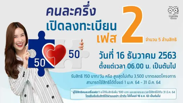 ด่วน!! ลงทะเบียน “คนละครึ่ง เฟส 2″เพิ่มอีก 5 ล้านสิทธิ์ 16 ธันวาคม 2563 เวลา 06.00 น.