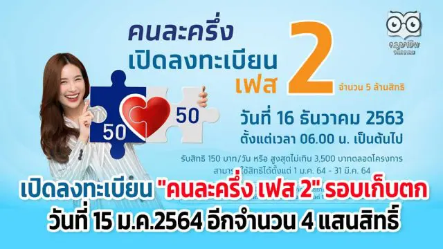เปิดลงทะเบียน "คนละครึ่ง เฟส 2" รอบเก็บตก วันที่ 15 ม.ค.2564 อีกจำนวน​ 4 แสนสิทธิ์​