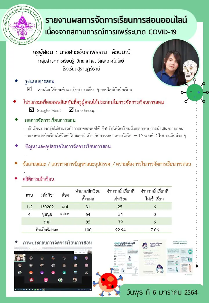 ดาวน์โหลด!! รายงานผลการจัดการเรียนการสอนออนไลน์ ประจำวัน ไฟล์ PowerPoint แก้ไขได้