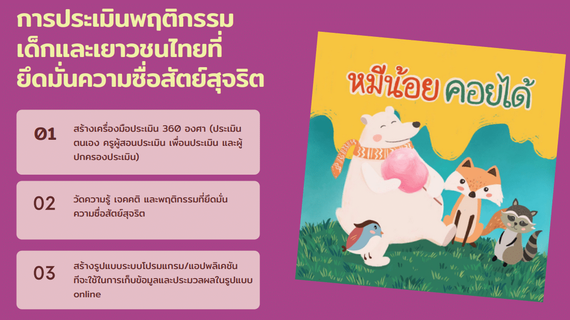 ดาวน์โหลดไฟล์นำเสนอ การประเมินผลพฤติกรรมเด็กและเยาวชนไทยที่ยึดมั่นความซื่อสัตย์สุจริต ในการใช้หลักสูตรต้านทุจริตศึกษา 11 พฤศจิกายน 2564