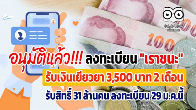 ด่วน!! ลงทะเบียน "เราชนะ" รับเงินเยียวยา 3,500 บาท 2 เดือน รับสิทธิ์ 31 ล้านคน เปิดลงทะเบียนวันที่ 29 ม.ค.นี้