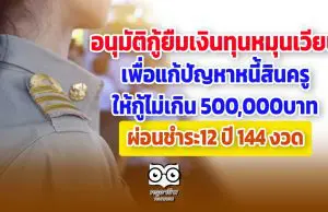 สถานี ก.ค.ศ. อนุมัติกู้ยืมเงินทุนหมุนเวียน เพื่อแก้ปัญหาหนี้สินครู ให้กู้ไม่เกิน 500,000บาท ผ่อนชำระ12 ปี 144 งวด