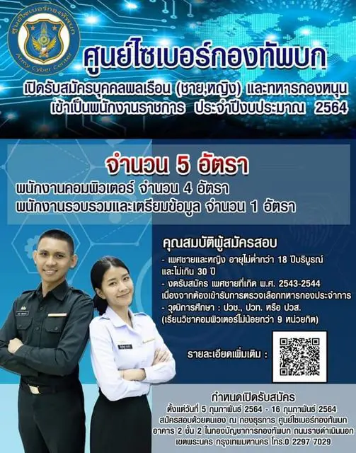 ศูนย์ไซเบอร์กองทัพบก เปิดรับสมัครพนักงานราชการ ประจำปีงบประมาณ 2564 จำนวน 5 อัตรา สมัคร 5 - 16 กุมภาพันธ์ 2564